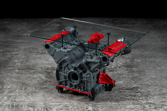 Maserati engine table with glass base