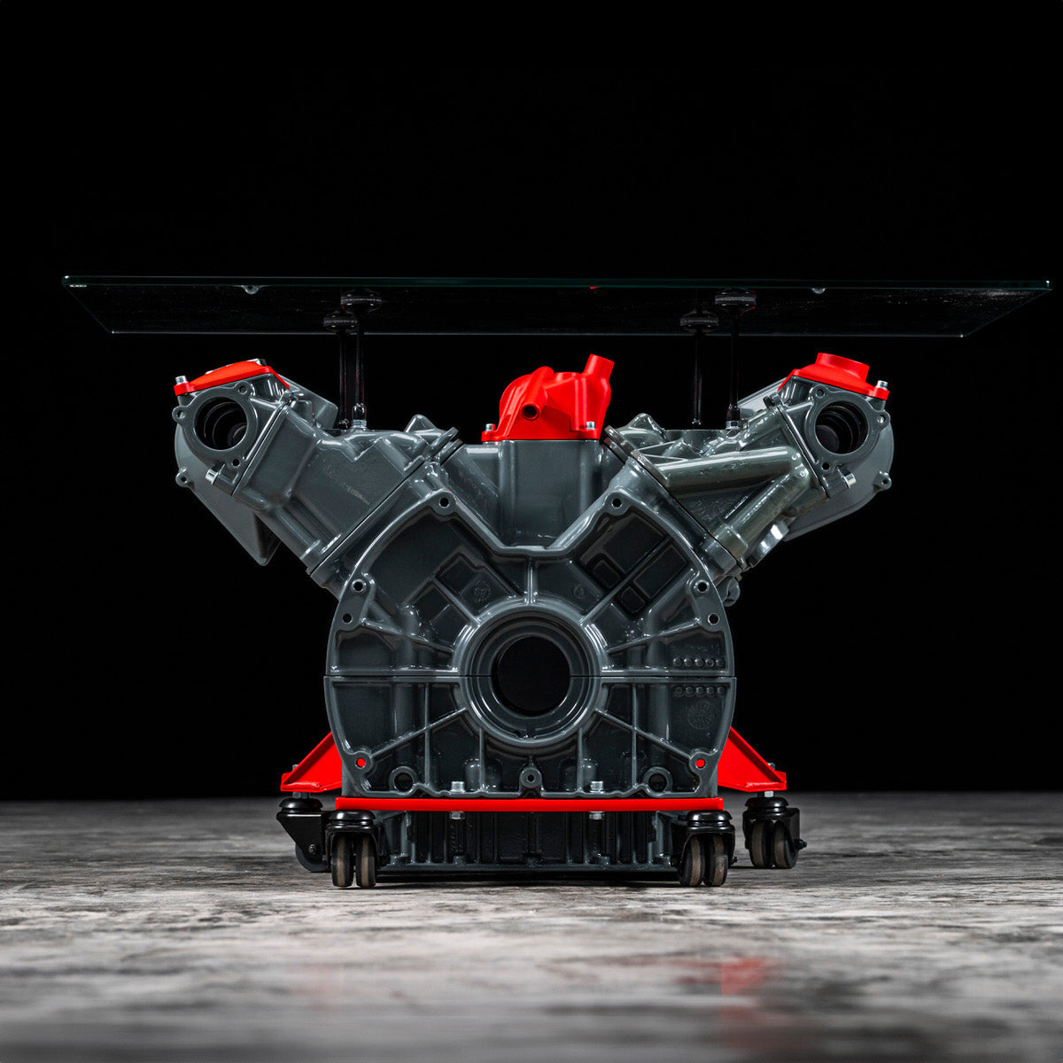 Maserati engine table with glass base