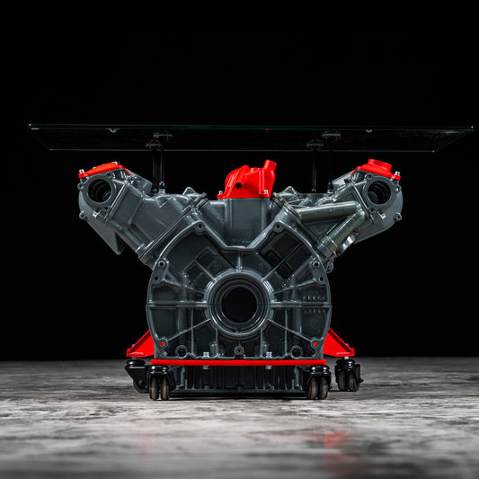 Maserati engine table with glass base